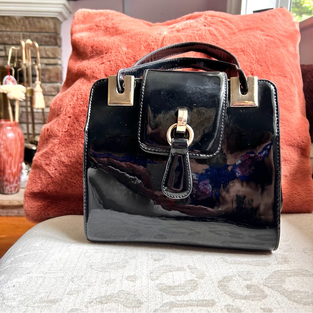 Faux Black Patent Leather Satchel with Gold Hardware